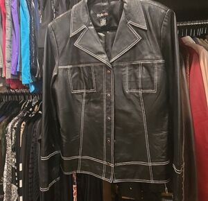 Style & Co. Black Leather Jacket with White Contrast Stitching